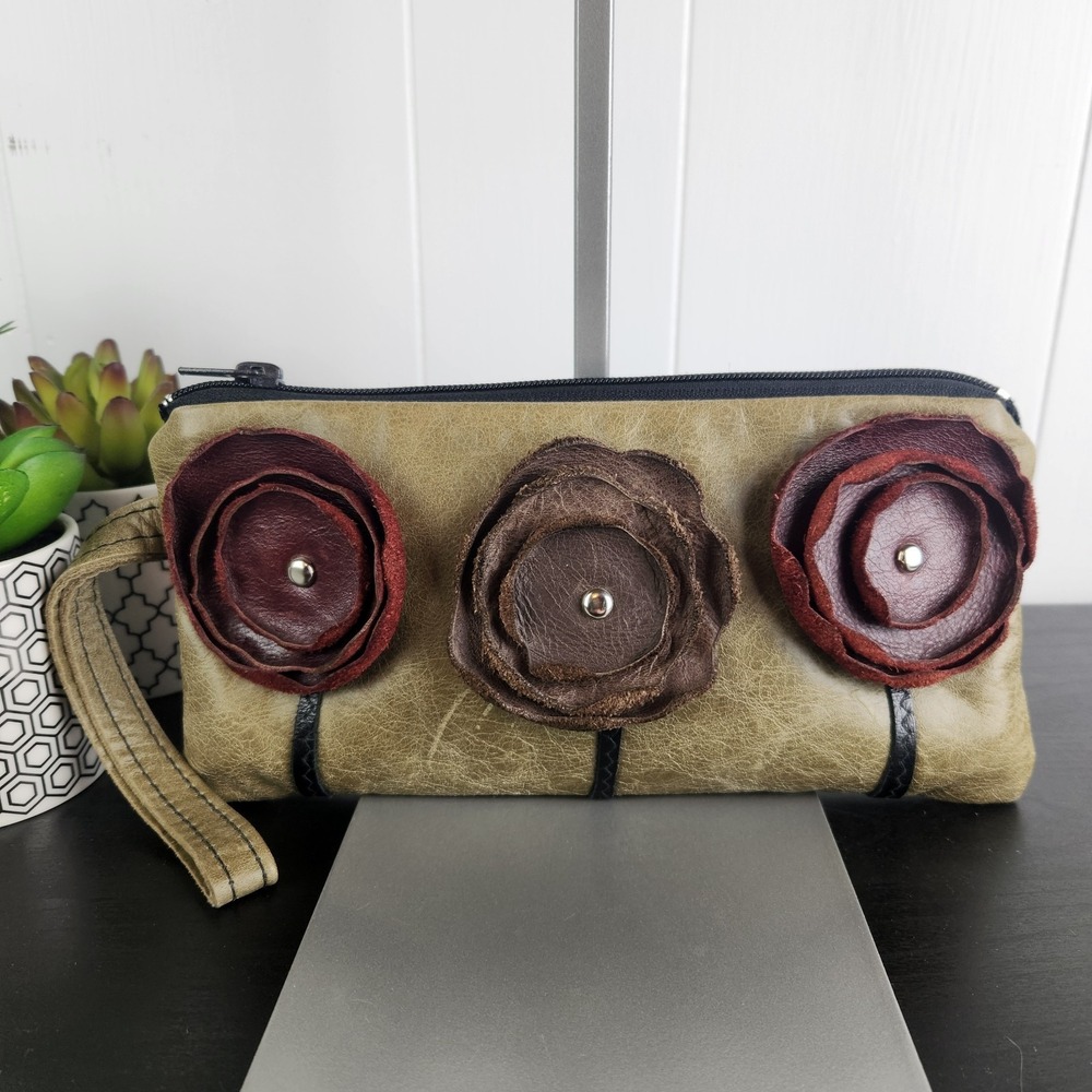 Sakura‎ Urban Floral Olive Distressed Clutch Pouch